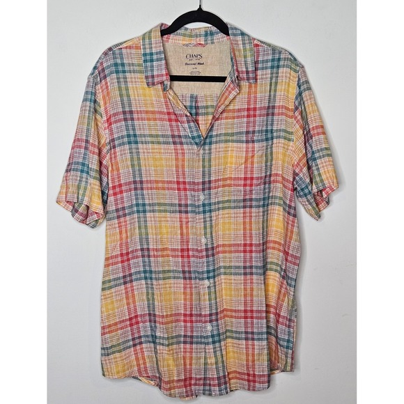 Chaps Other - Chaps Seacoast Wash Linen Blend Plaid Button Shortsleeve Shirt Mens L‎ Pride